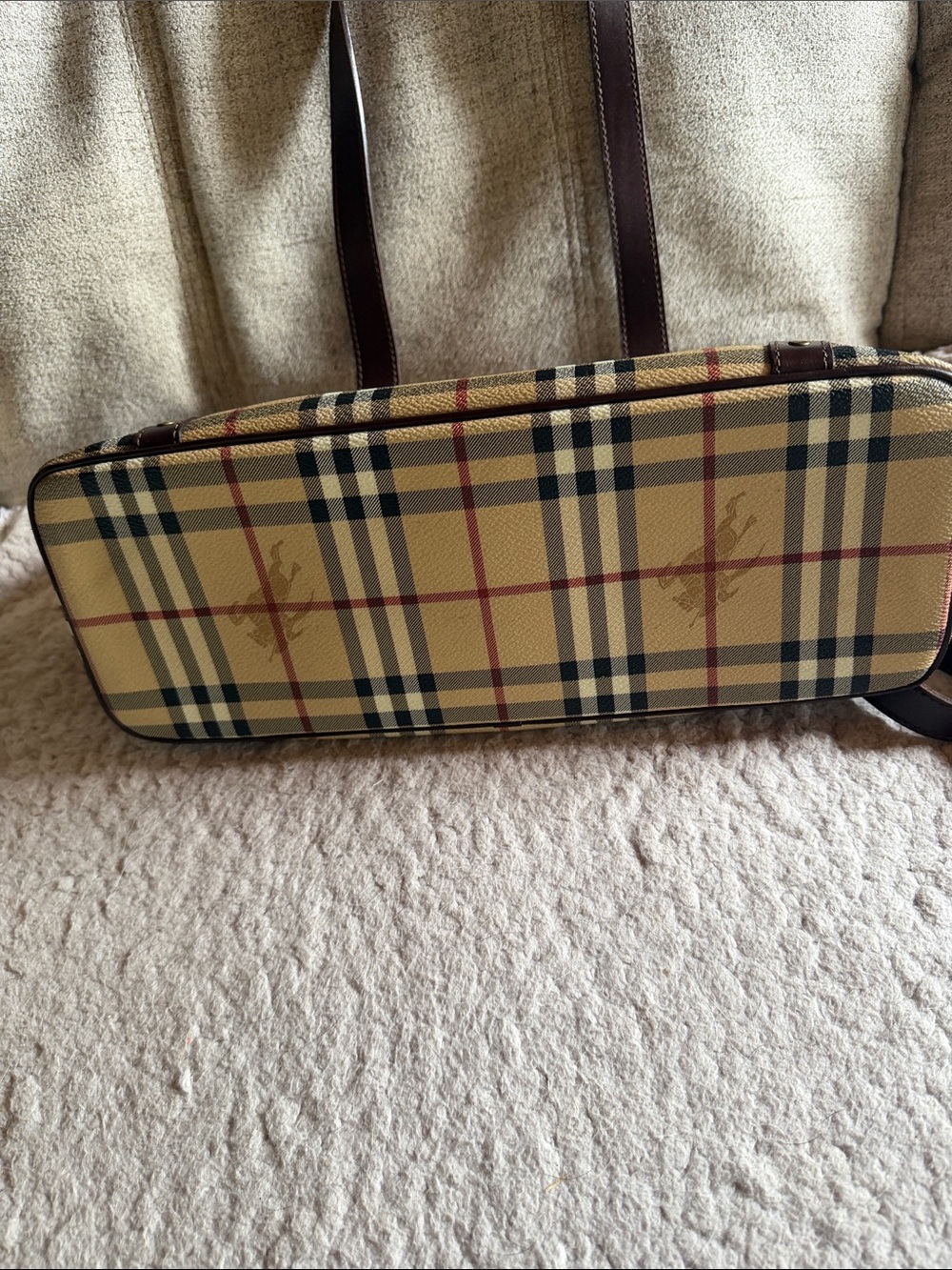 Burberry Haymarket Tan Check Canvas Tote with Brown Leather Trim - Picture 5 of 7